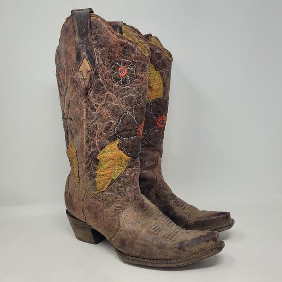 Corral Boots 9.5M Brown Leather Daisy Overlay Snip Toe Cowgirl Western A2048